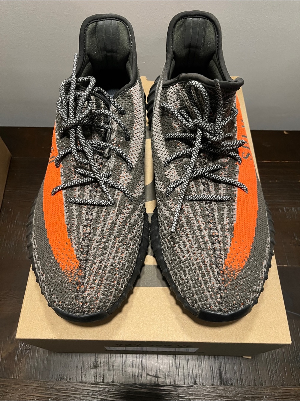 adidas Men's Yeezy BOOST 350 V2 Charcoal Gray/Gray Sneakers w/ Orange Stripe